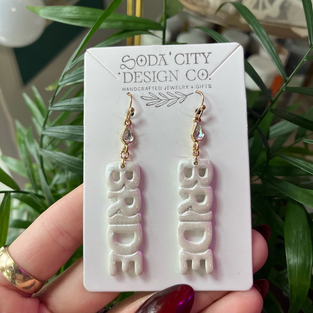 Gold and White 'BRIDE' Earrings